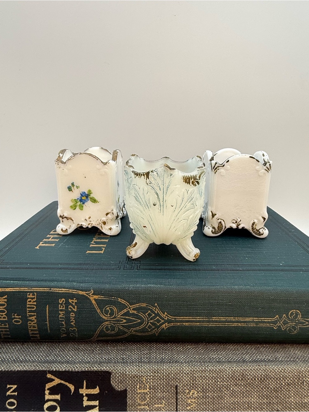 Lot Of 3 Antique Milk Glass Toothpick Or Matchstick Holder